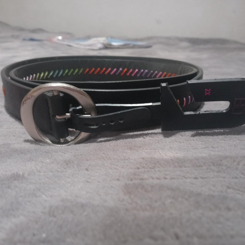 Women/NOBO Black Leather Belt w Rainbow Colored Threading/Size 2XLg